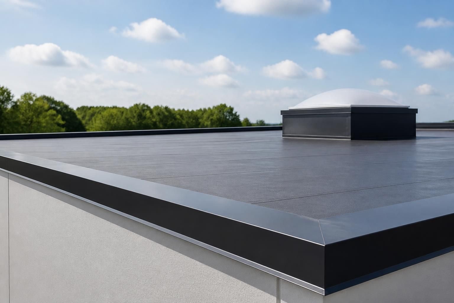 Clean commercial flat roof with tidy rooftop lines.