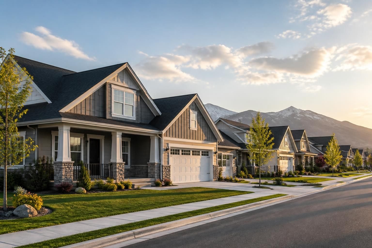 Modern homes and crisp rooflines in a suburb.