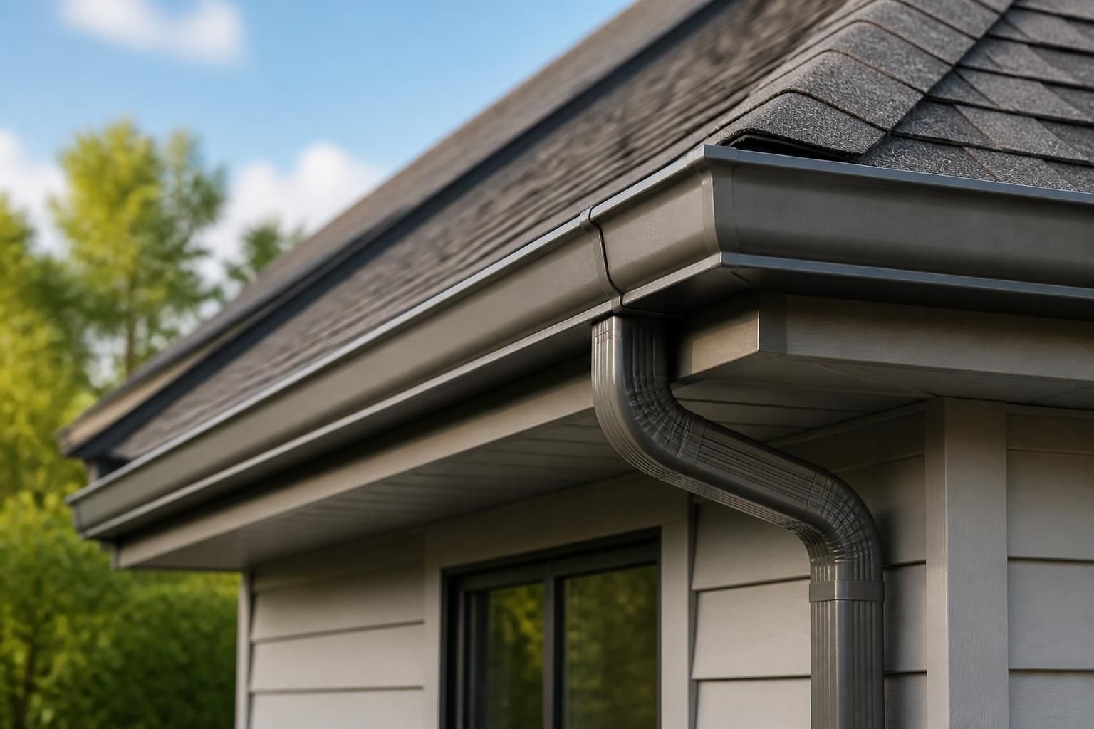 Newly installed gutters along a finished roofline.