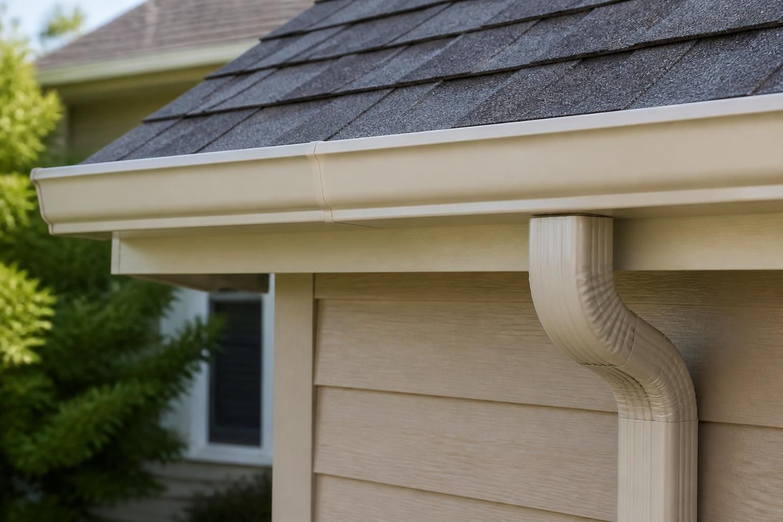 Repaired gutter section on a home exterior.