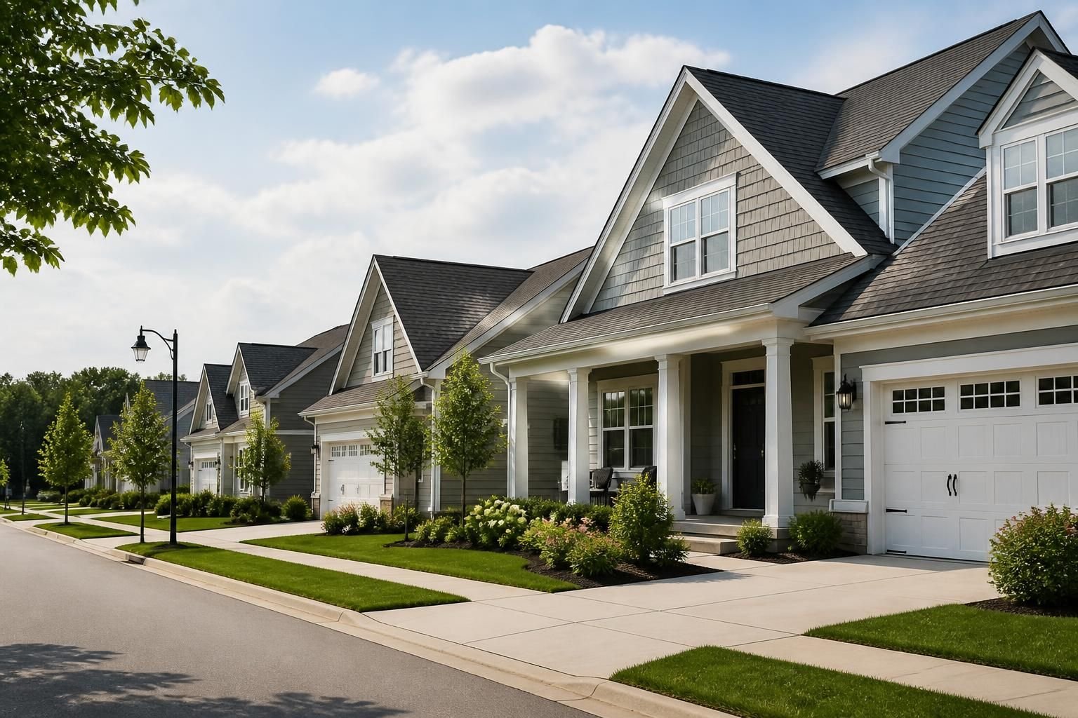 Suburban homes with visible rooflines in soft daylight.