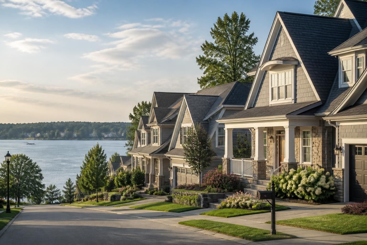 Well-kept homes with neat rooflines.