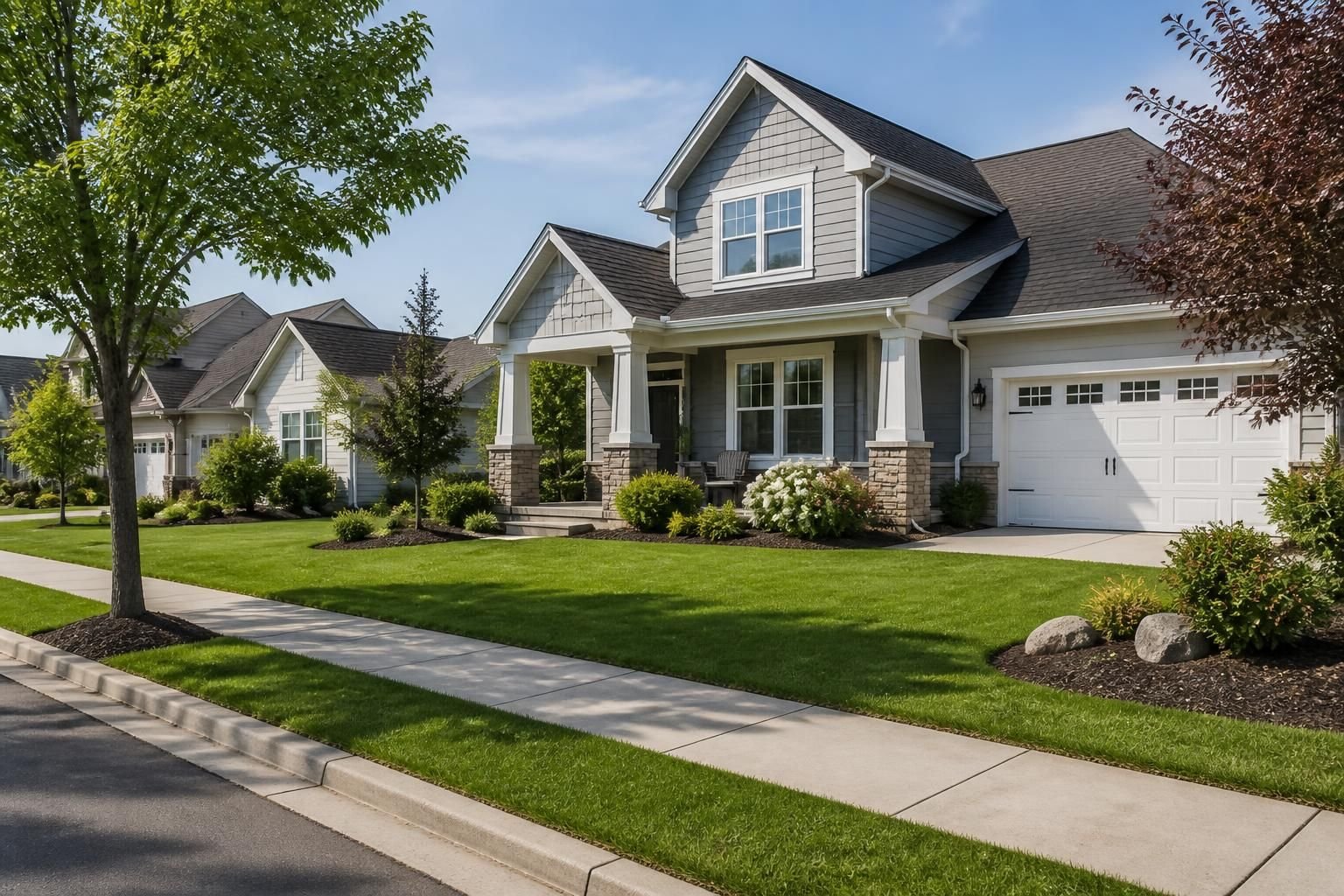 Well-kept suburban homes with clean rooflines.