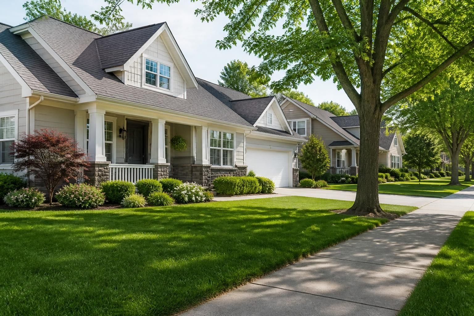 Suburban homes with tidy roofs and mature trees.