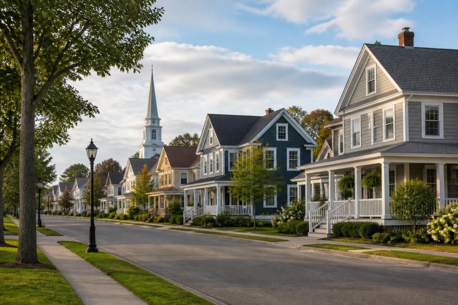 Small-town homes with clean rooflines.