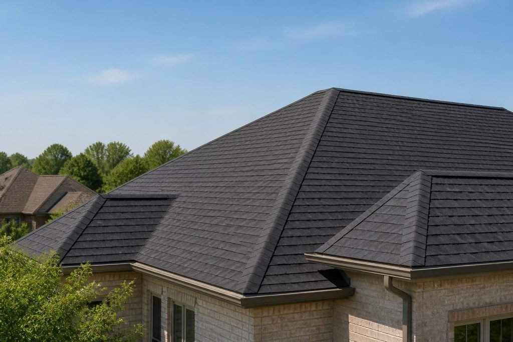 New residential roof with clean shingle lines under natural daylight.