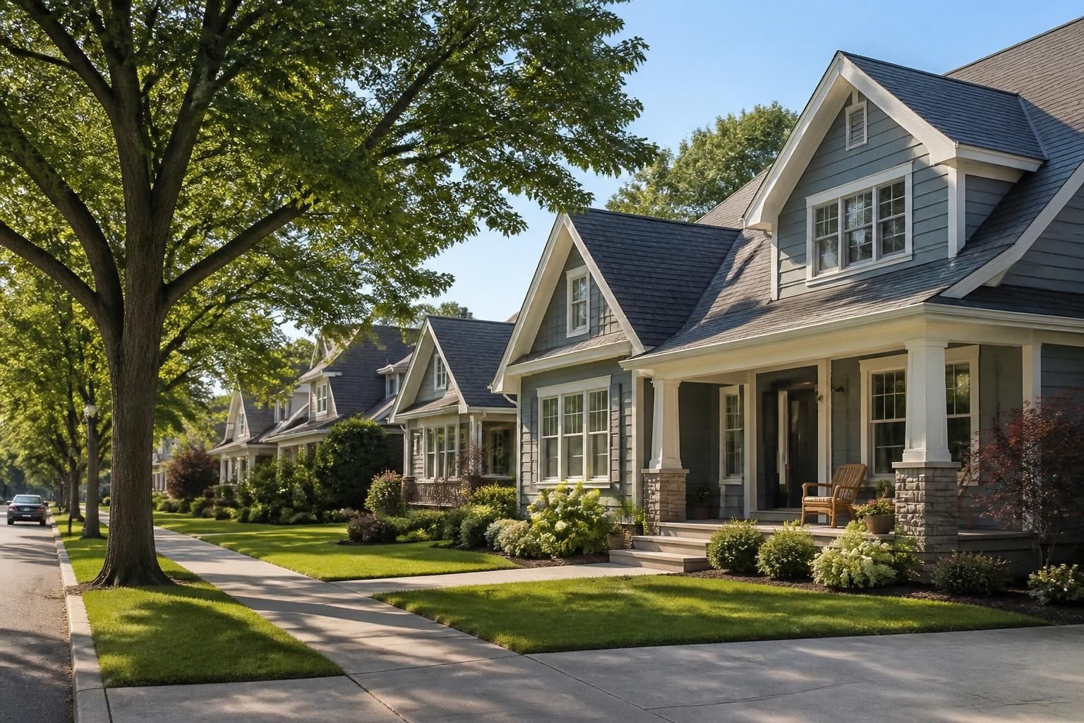 Tree-lined streets with homes and clean rooflines.
