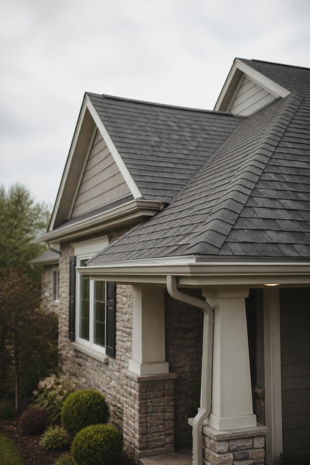 Finished home roof with modern shingles and clean gutters.