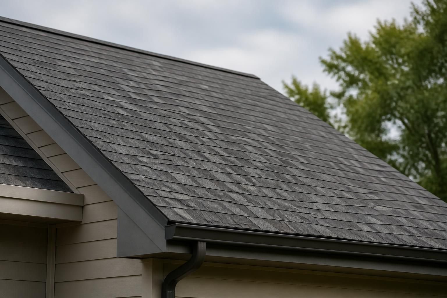 Repaired roof section after storm damage.