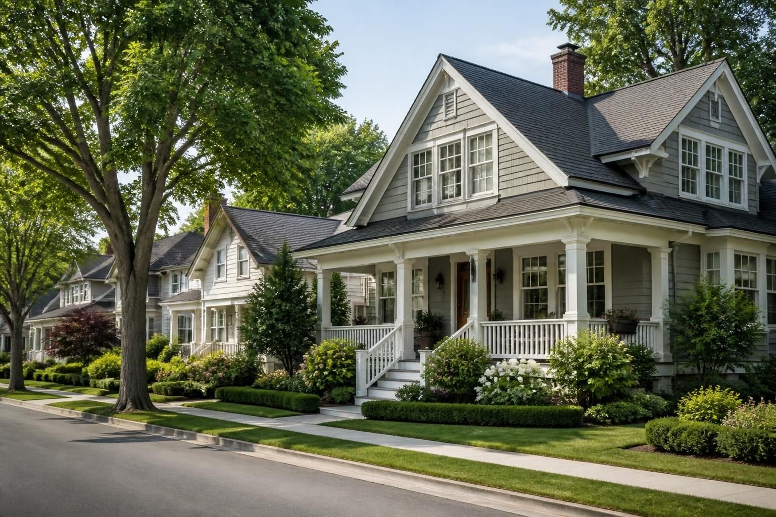 Charming homes with mature greenery and clean roofs.